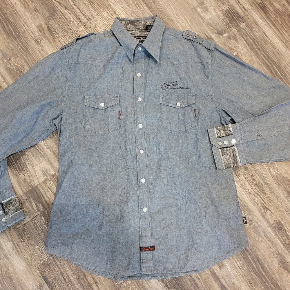 Fender Custom Shop Shirt Mens XL Blue Button Up Rock Roll Religion. Exc. - Picture 2 of 10